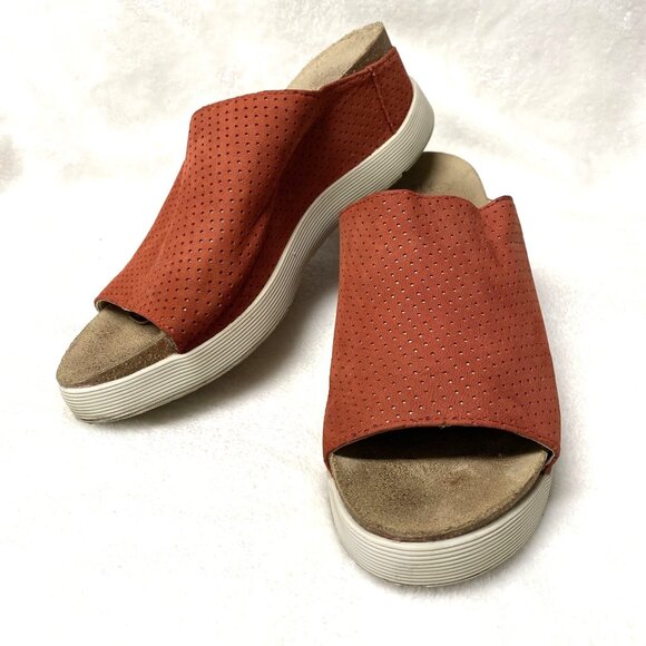 Fly London WHIN rust orange slip on open toe‎ mule sandals sz 40 wedge platform - Picture 2 of 9
